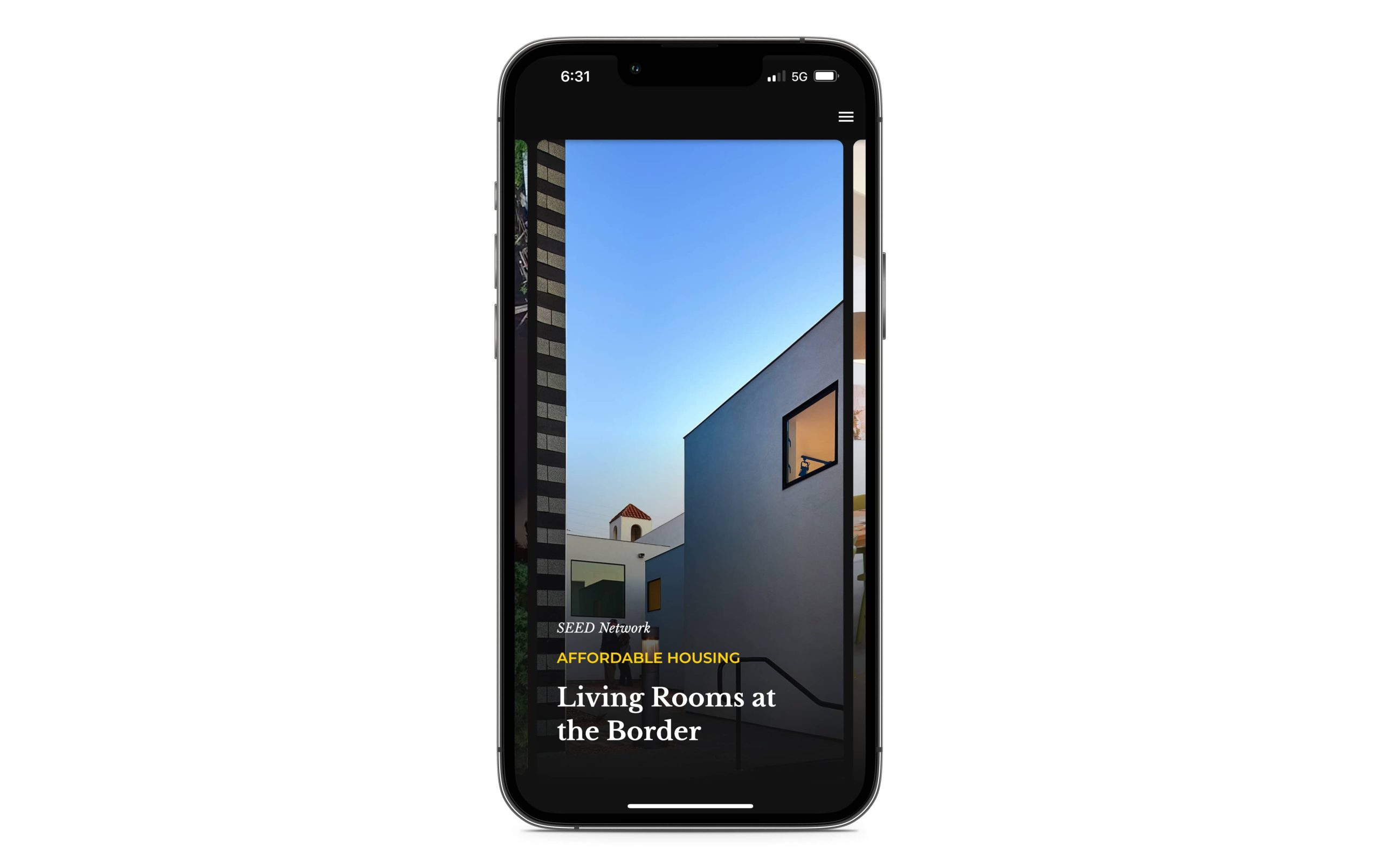 App screen featuring project Living Rooms at the Border